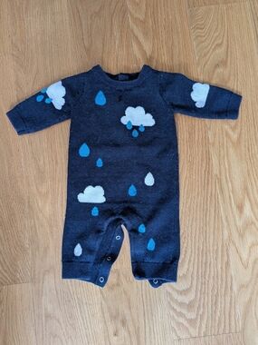 Jacadi Navy One-Piece with White Cloud and Blue Raindrop Motifs